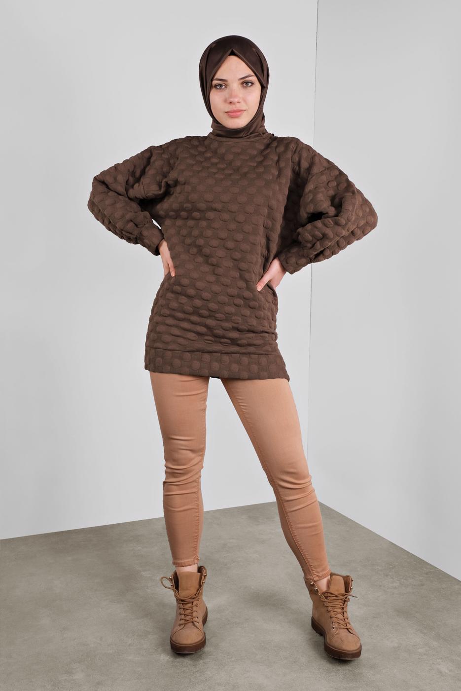 Tesettür giyim TABA PONPON DESENLİ  TUNİK 9234 