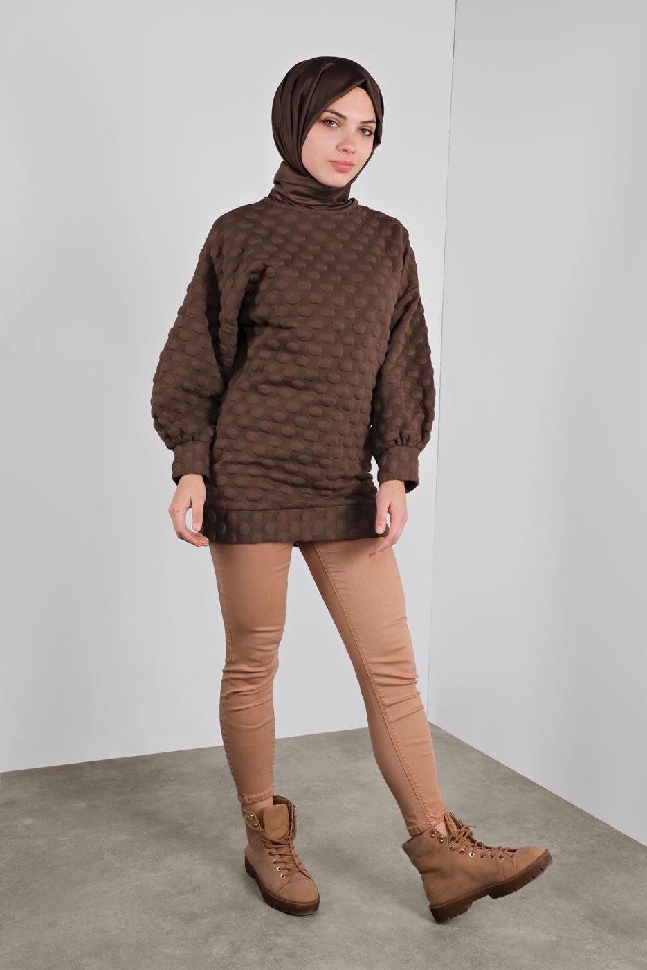 Tesettür giyim TABA PONPON DESENLİ  TUNİK 9234 