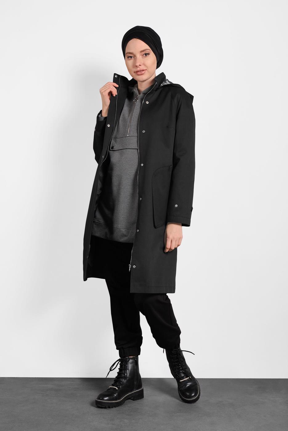 Tesettür giyim SİYAH ALVİNA KAPÜŞONLU SPOR TRENÇKOT 10012