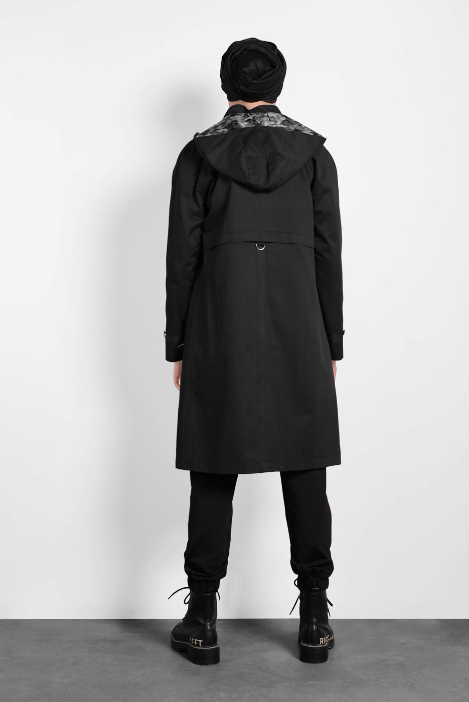 Tesettür giyim SİYAH ALVİNA KAPÜŞONLU SPOR TRENÇKOT 10012