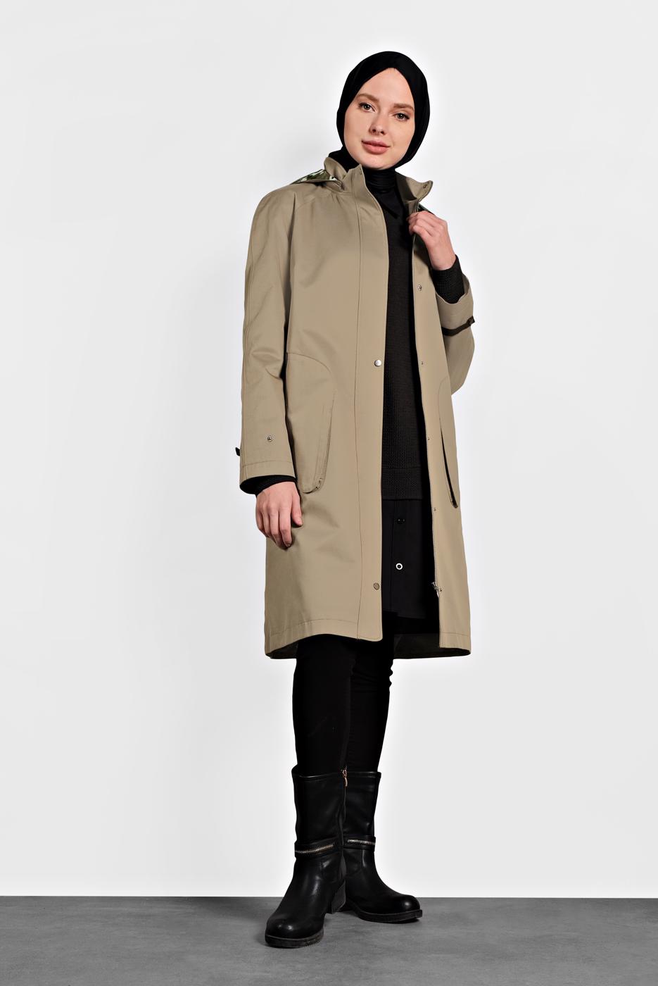 Tesettür giyim KAHVE ALVİNA KAPÜŞONLU SPOR TRENÇKOT 10012