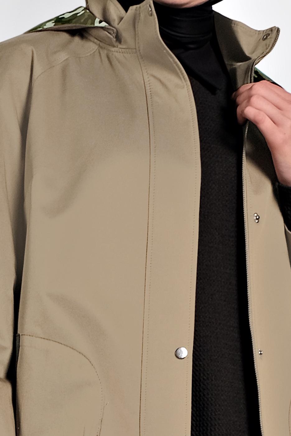 Tesettür giyim KAHVE ALVİNA KAPÜŞONLU SPOR TRENÇKOT 10012