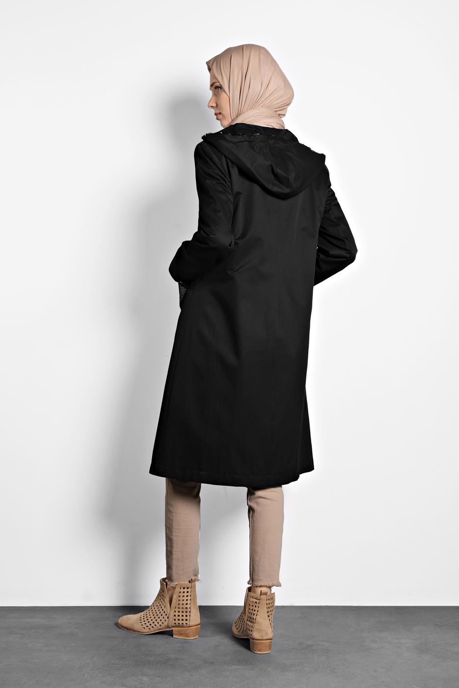 Tesettür giyim SİYAH ALVİNA CEPLERİ PULLU KAPÜŞONLU TRENÇKOT 10125