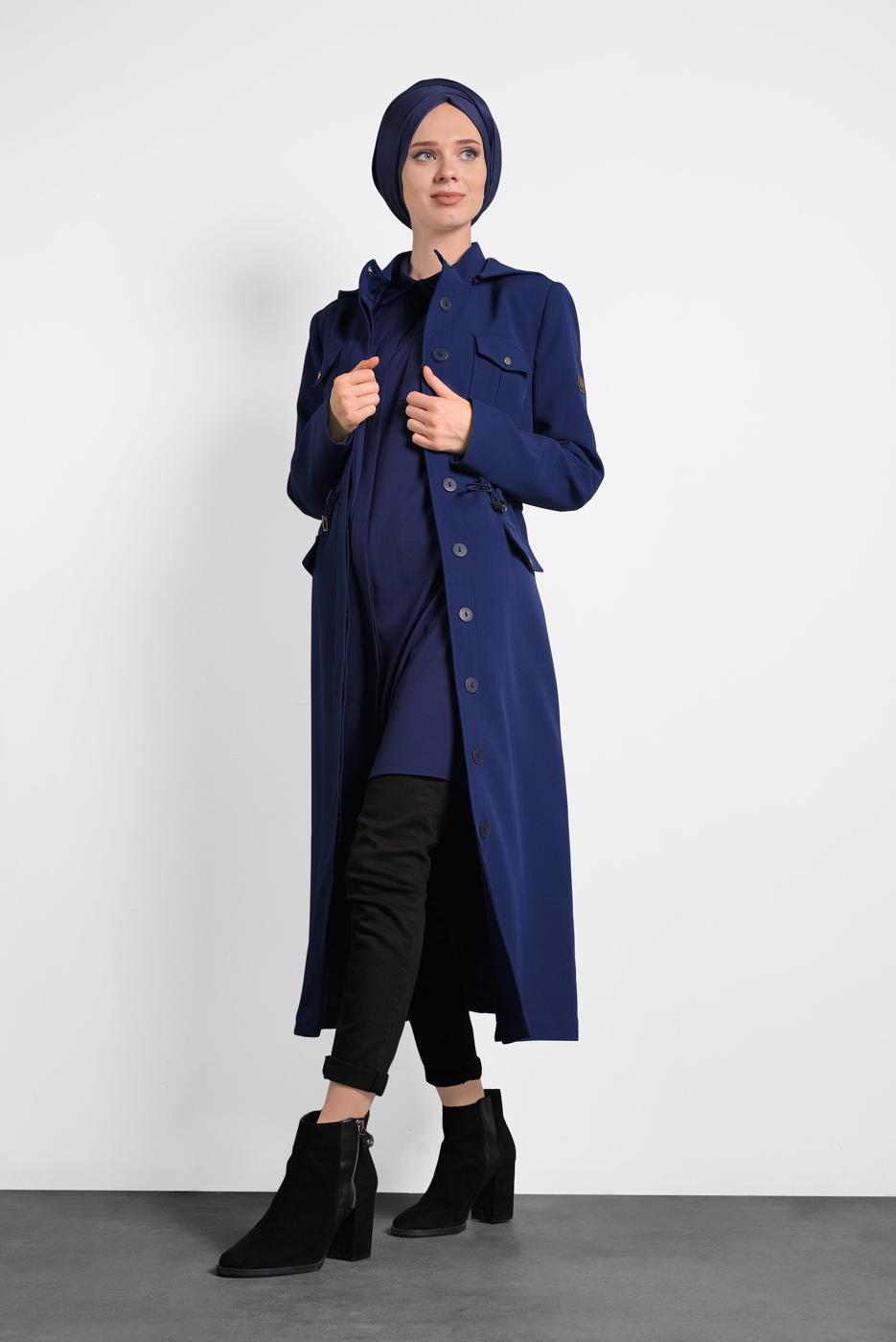 Tesettür giyim LACİVERT ALVİNA CEPLİ DÜĞMELİ TRENÇKOT 10135