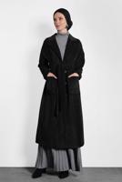 Tesettür giyim SİYAH ALVİNA DÜĞMELİ KUŞAKLI KADİFE TRENÇKOT 10139