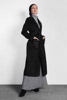 Tesettür giyim SİYAH ALVİNA DÜĞMELİ KUŞAKLI KADİFE TRENÇKOT 10139