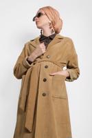 Tesettür giyim KAHVE ALVİNA DÜĞMELİ KUŞAKLI KADİFE TRENÇKOT 10139