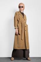 Tesettür giyim KAHVE ALVİNA DÜĞMELİ KUŞAKLI KADİFE TRENÇKOT 10139