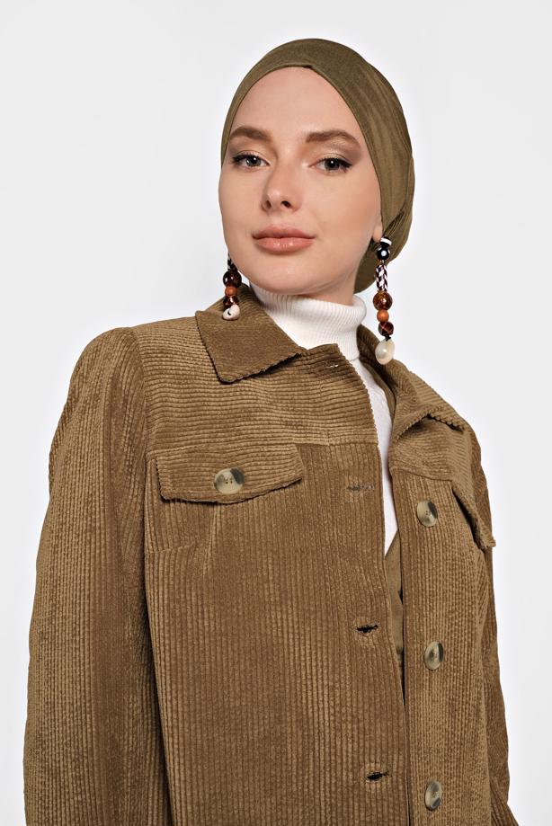 Tesettür giyim TABA ALVİNA KADİFE TRENÇKOT 10140 - TRENDTESETTÜR