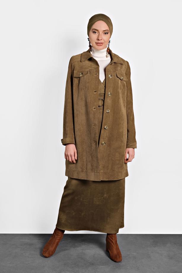 Tesettür giyim TABA ALVİNA KADİFE TRENÇKOT 10140 - TRENDTESETTÜR