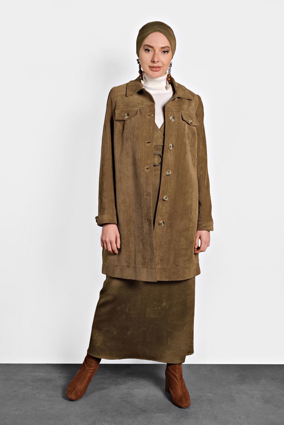 Tesettür giyim TABA ALVİNA KADİFE TRENÇKOT 10140