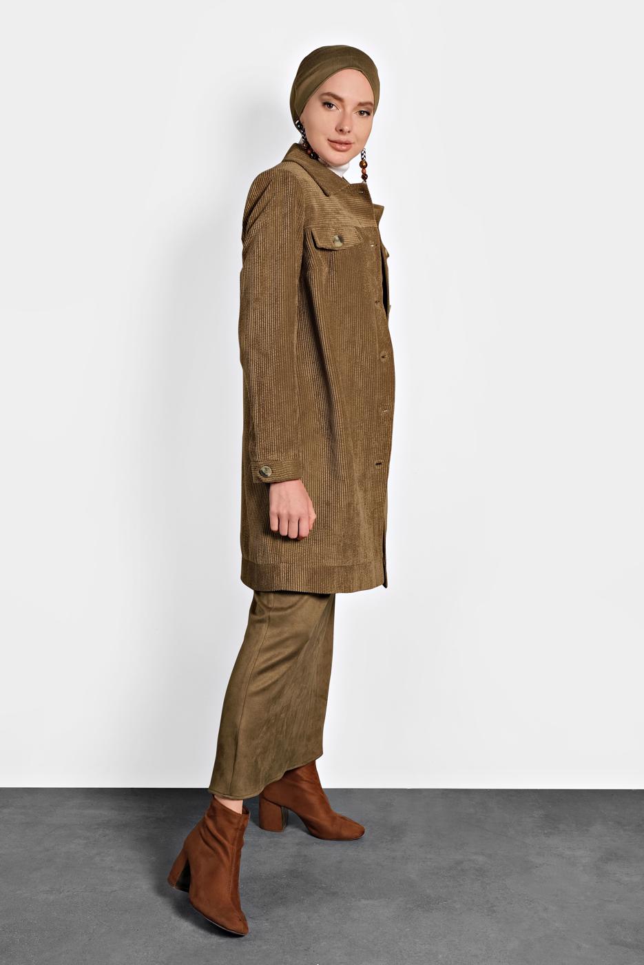 Tesettür giyim TABA ALVİNA KADİFE TRENÇKOT 10140