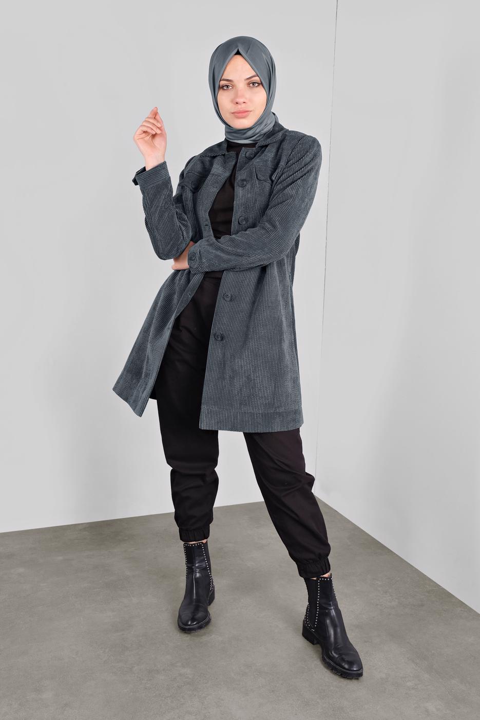 Tesettür giyim GRİ ALVİNA KADİFE TRENÇKOT 10140