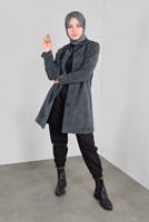 Tesettür giyim GRİ ALVİNA KADİFE TRENÇKOT 10140