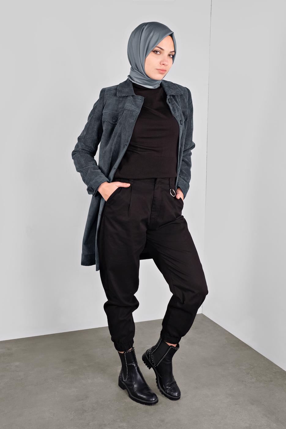 Tesettür giyim GRİ ALVİNA KADİFE TRENÇKOT 10140