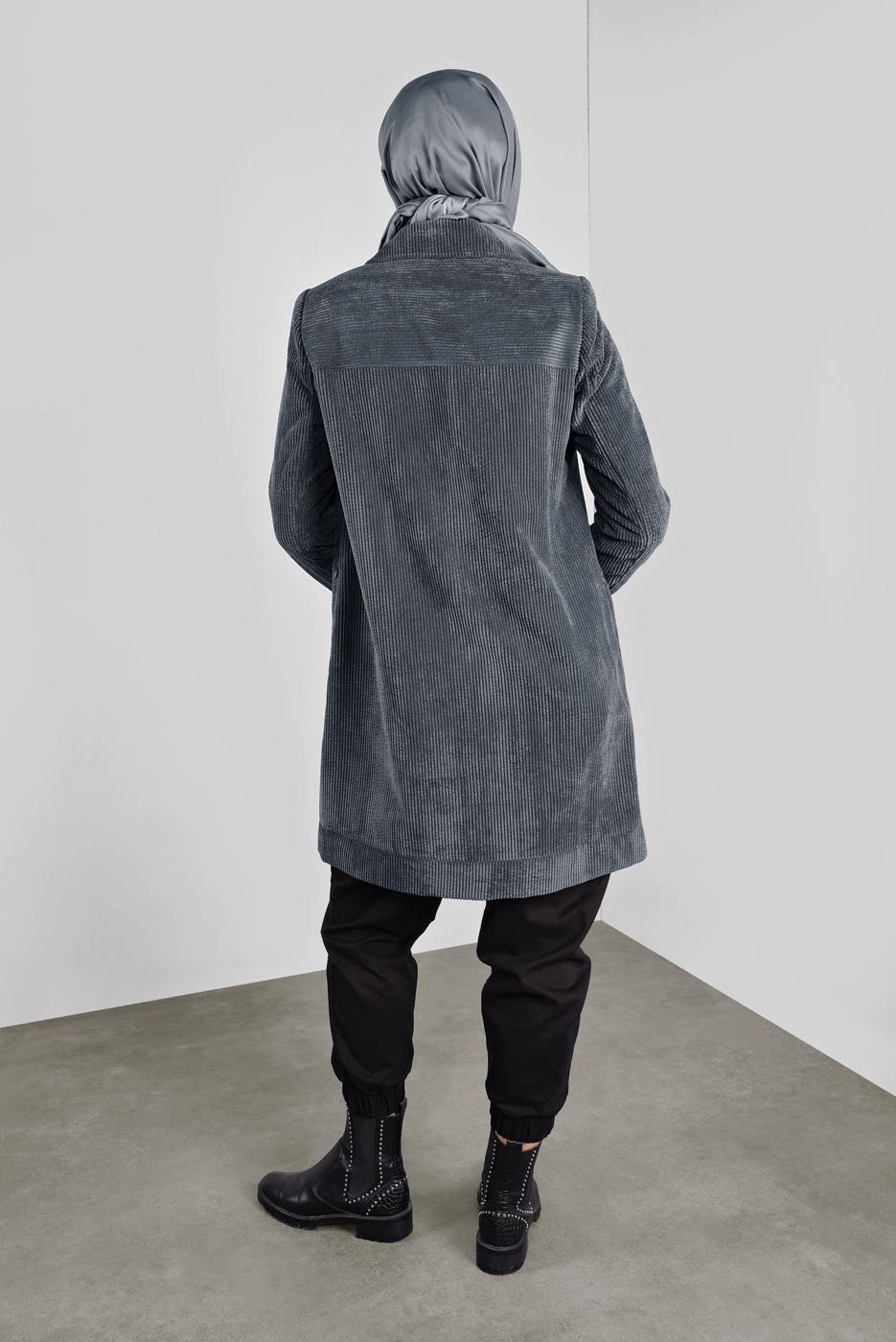 Tesettür giyim GRİ ALVİNA KADİFE TRENÇKOT 10140