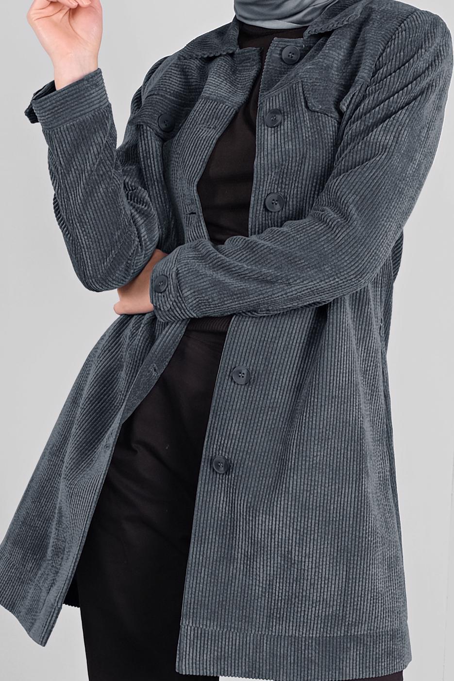 Tesettür giyim GRİ ALVİNA KADİFE TRENÇKOT 10140