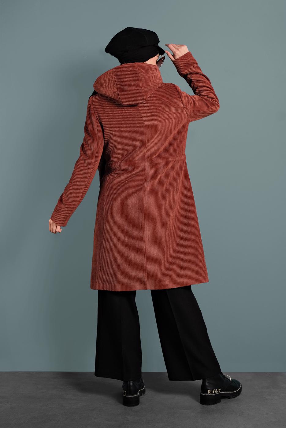 Tesettür giyim KAHVE  ALVİNA FİTİLLİ KADİFE CEPLİ TRENÇKOT 10141