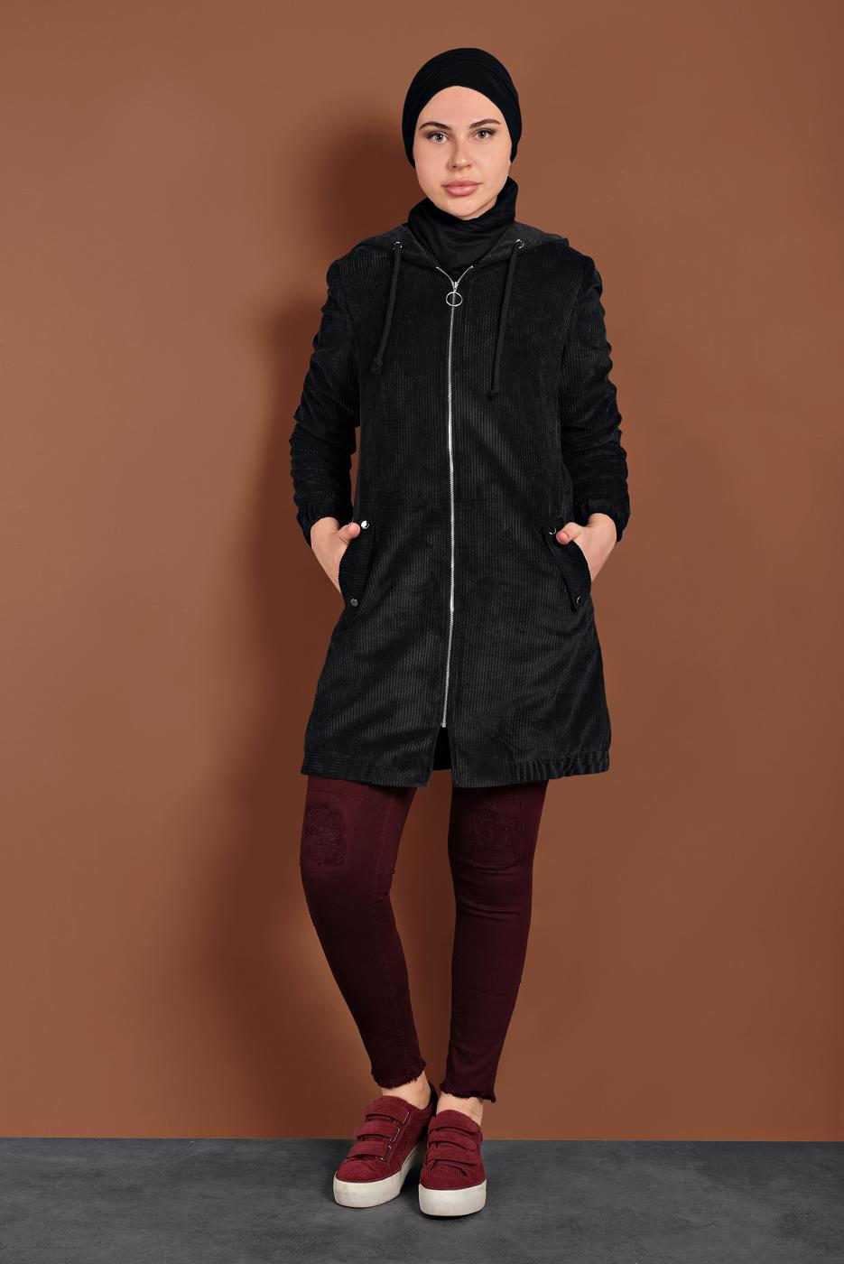 Tesettür giyim SİYAH ALVİNA  FİTİLLİ KADİFE KAPÜŞONLU TRENÇKOT 10142