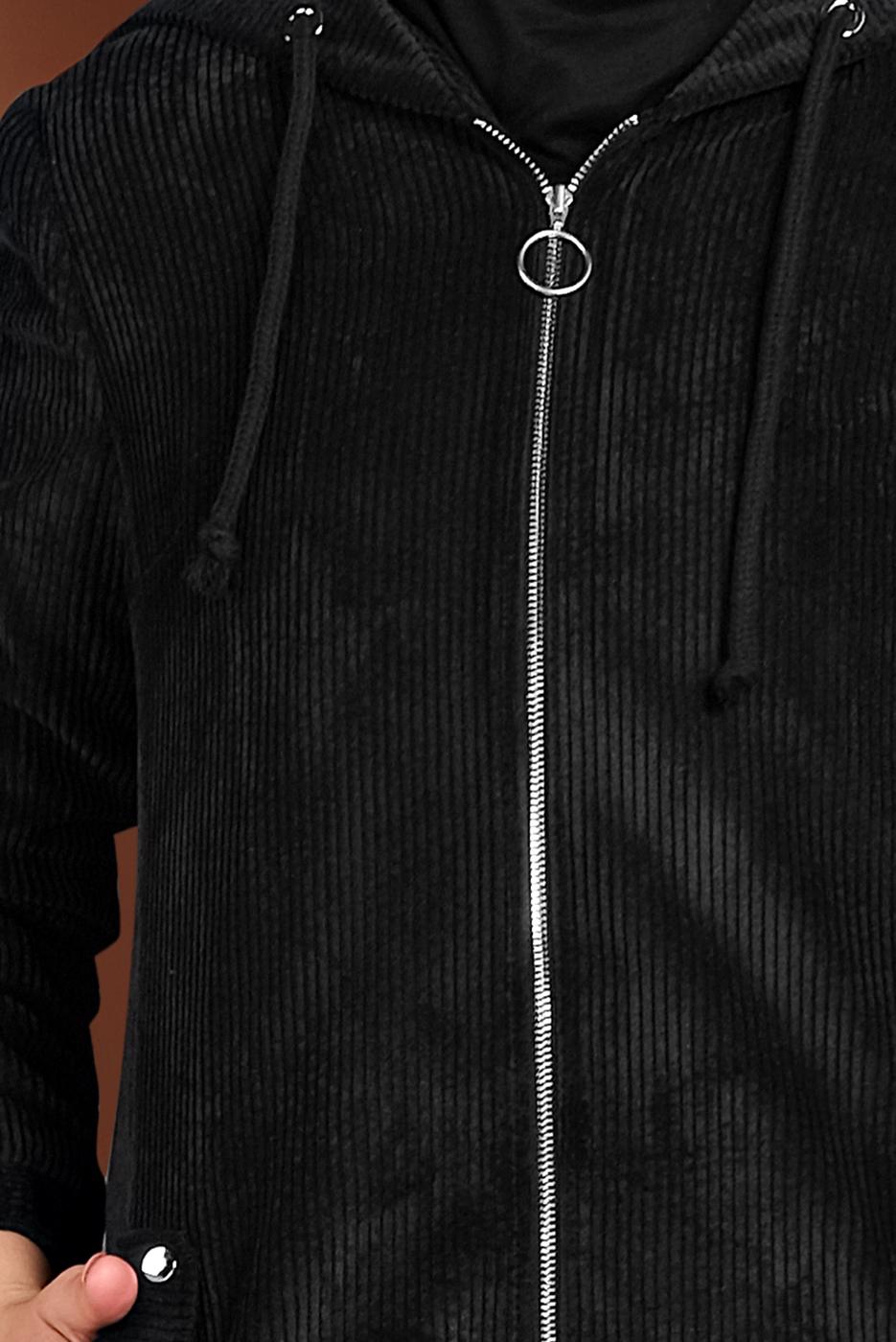 Tesettür giyim SİYAH ALVİNA  FİTİLLİ KADİFE KAPÜŞONLU TRENÇKOT 10142