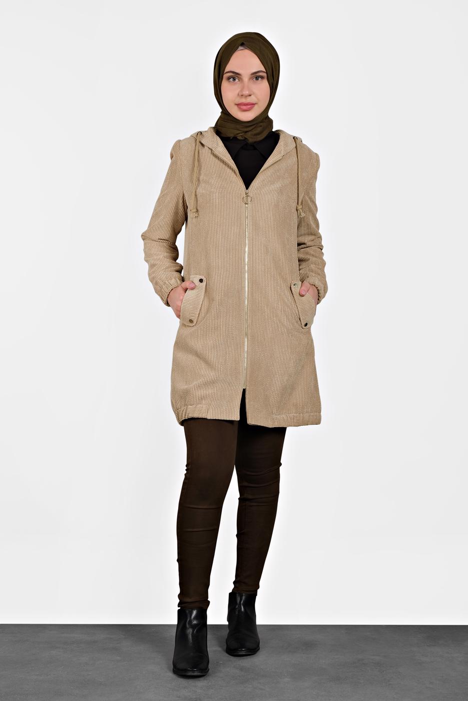 Tesettür giyim BEJ ALVİNA  FİTİLLİ KADİFE KAPÜŞONLU TRENÇKOT 10142