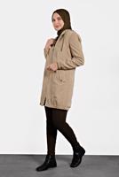 Tesettür giyim BEJ ALVİNA  FİTİLLİ KADİFE KAPÜŞONLU TRENÇKOT 10142