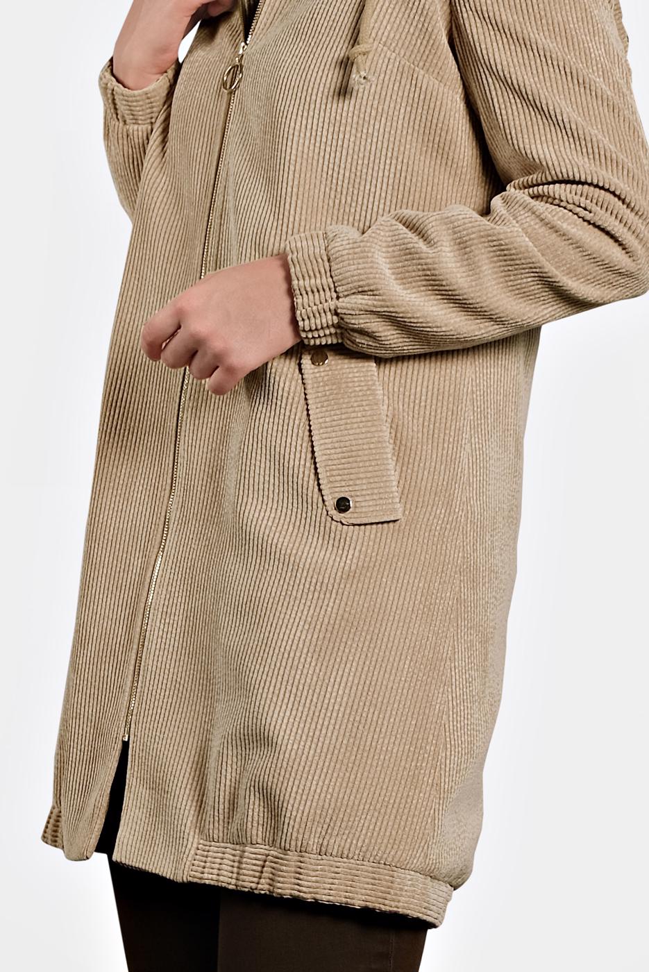 Tesettür giyim BEJ ALVİNA  FİTİLLİ KADİFE KAPÜŞONLU TRENÇKOT 10142