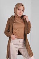 Tesettür giyim TABA ALVİNA  FİTİLLİ KADİFE KAPÜŞONLU TRENÇKOT 10142