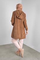 Tesettür giyim TABA ALVİNA  FİTİLLİ KADİFE KAPÜŞONLU TRENÇKOT 10142