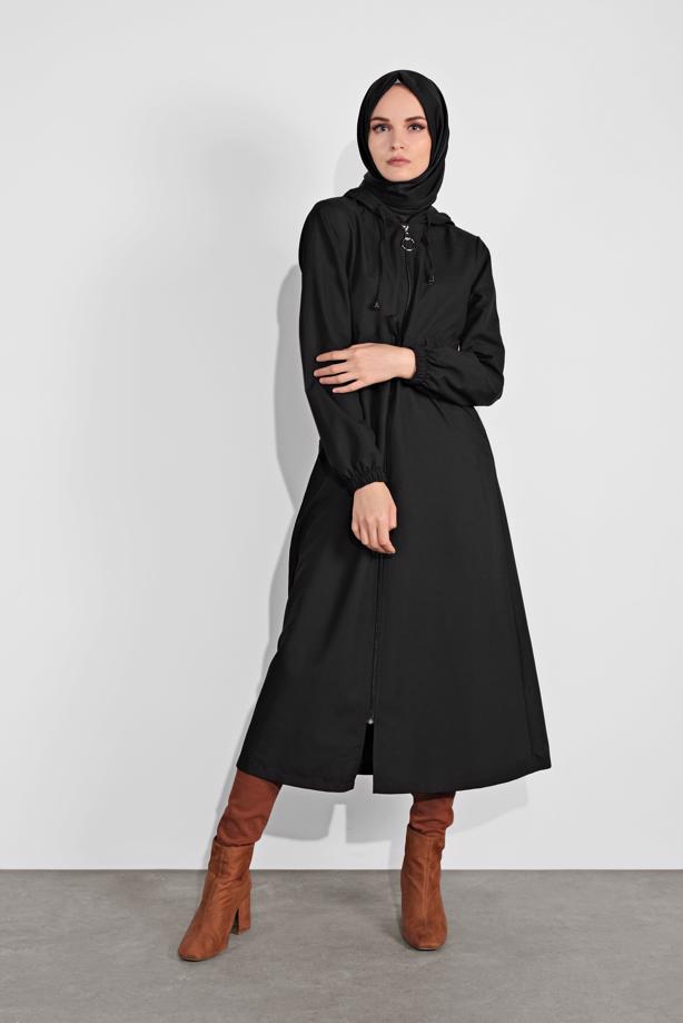 Hijab clothing  ZIPPED HOODED TIE-WAIST TRENCH-COAT 0715 - TRENDTESETTÜR