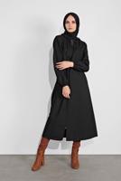 Hijab clothing BLACK ZIPPED HOODED TIE-WAIST TRENCH-COAT 0715