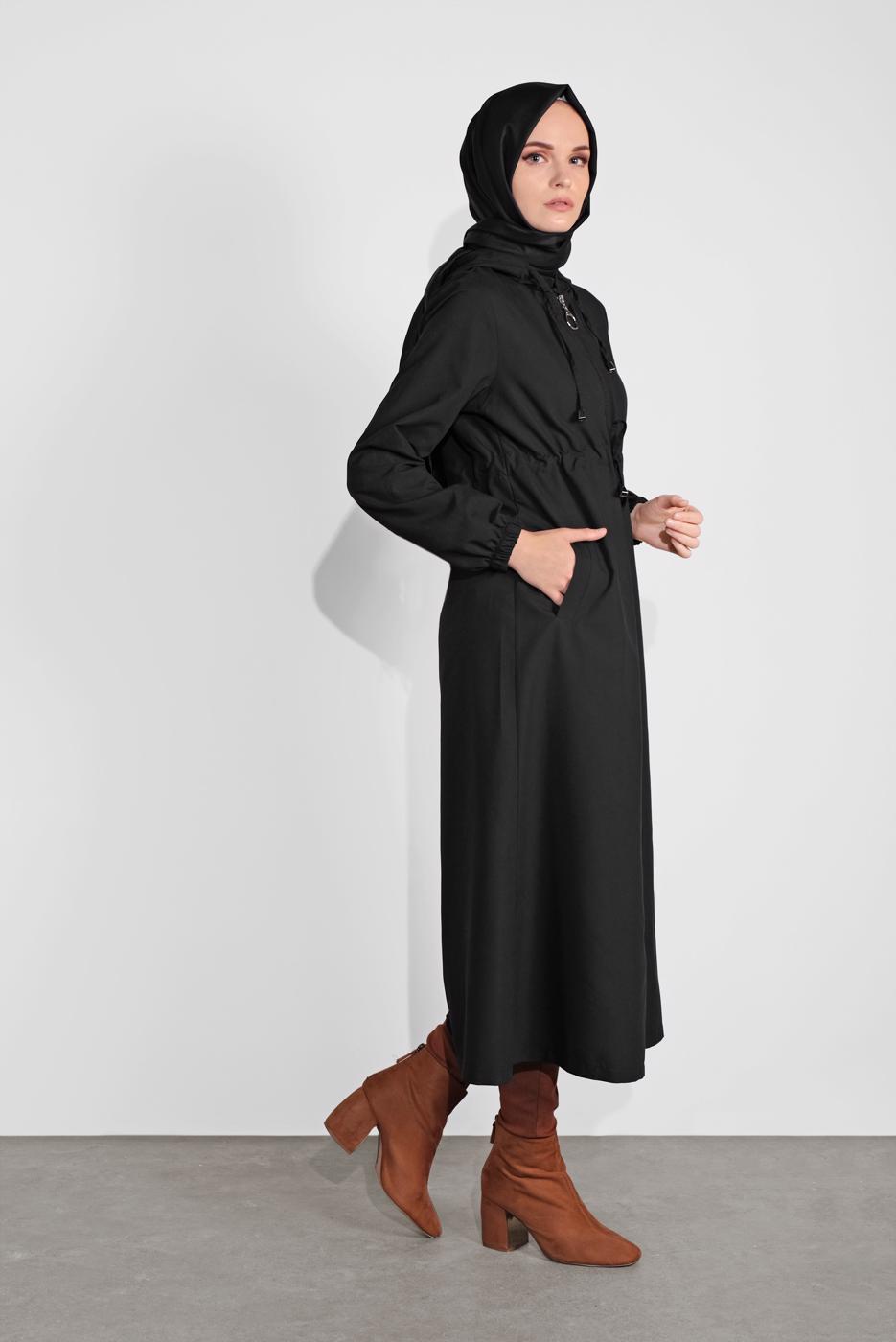 Hijab clothing BLACK ZIPPED HOODED TIE-WAIST TRENCH-COAT 0715