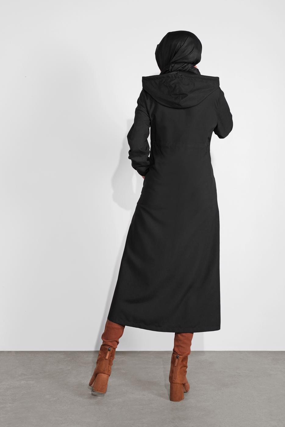 Hijab clothing BLACK ZIPPED HOODED TIE-WAIST TRENCH-COAT 0715