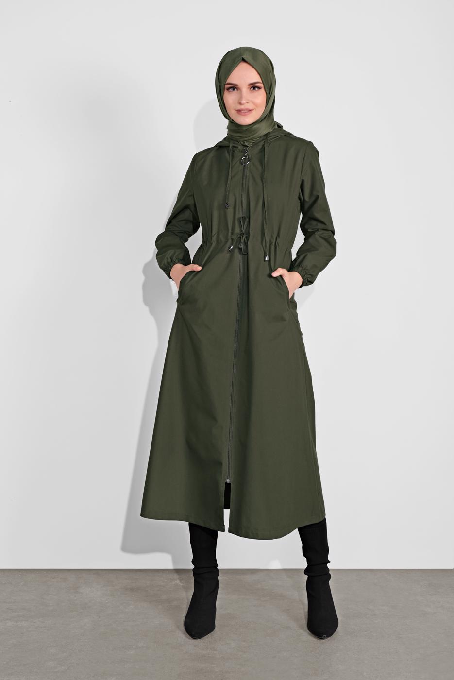 Vêtements hijab KAKI TRENCH-COAT ZIPPÉ TAILLE-NOUÉE AVEC CAPUCHE 0715 