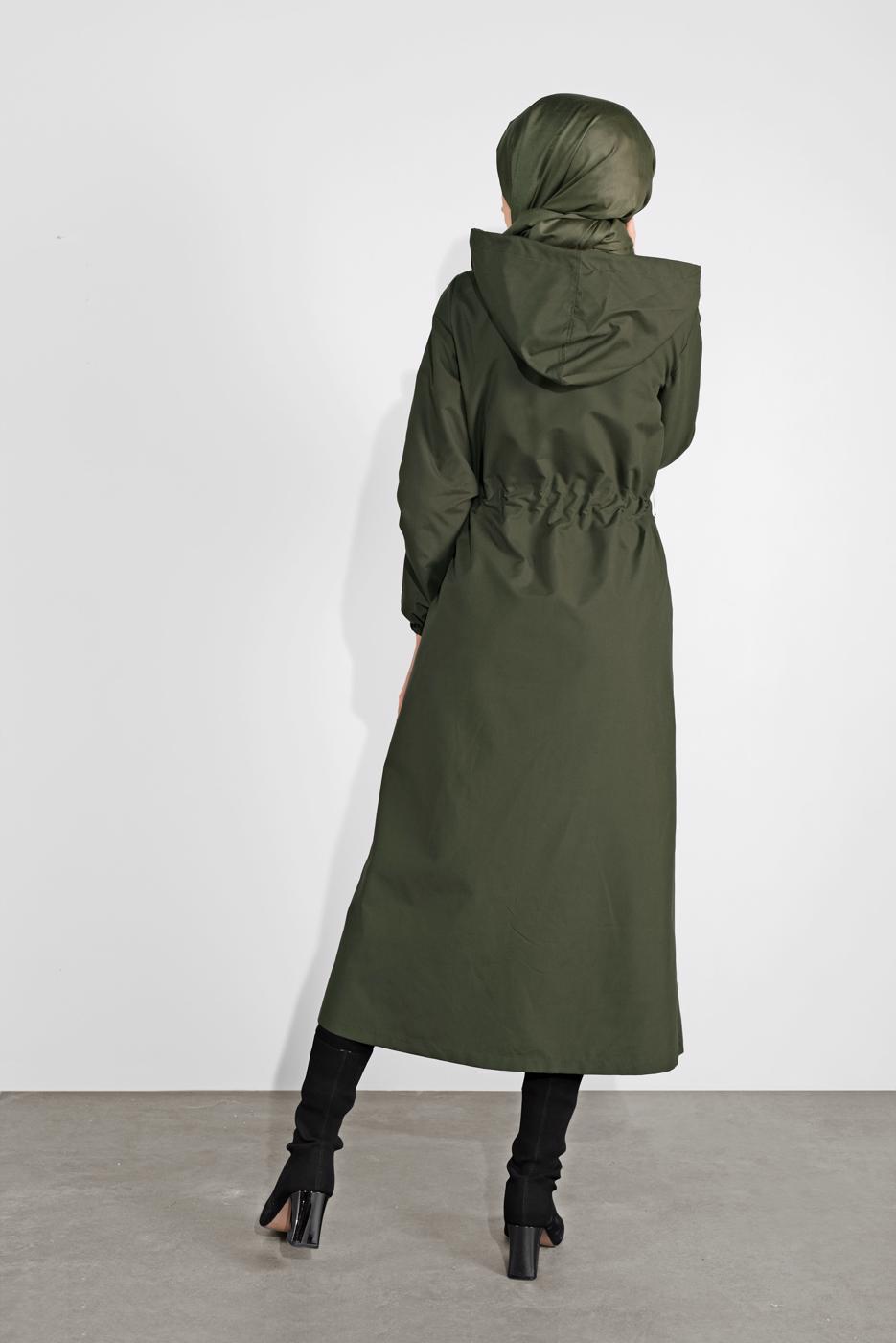 Vêtements hijab KAKI TRENCH-COAT ZIPPÉ TAILLE-NOUÉE AVEC CAPUCHE 0715 
