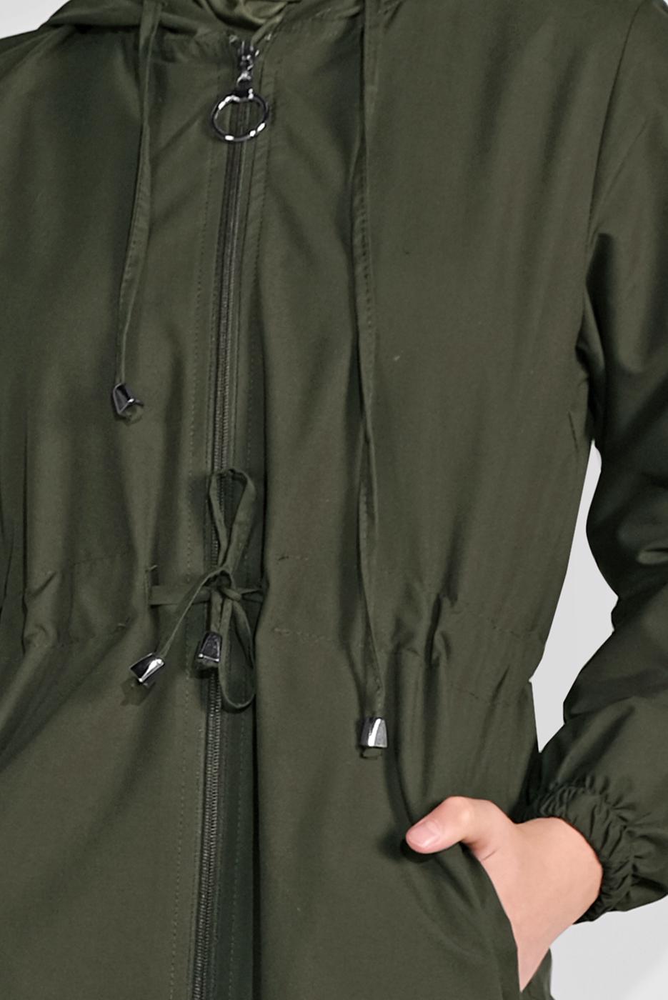 Vêtements hijab KAKI TRENCH-COAT ZIPPÉ TAILLE-NOUÉE AVEC CAPUCHE 0715 