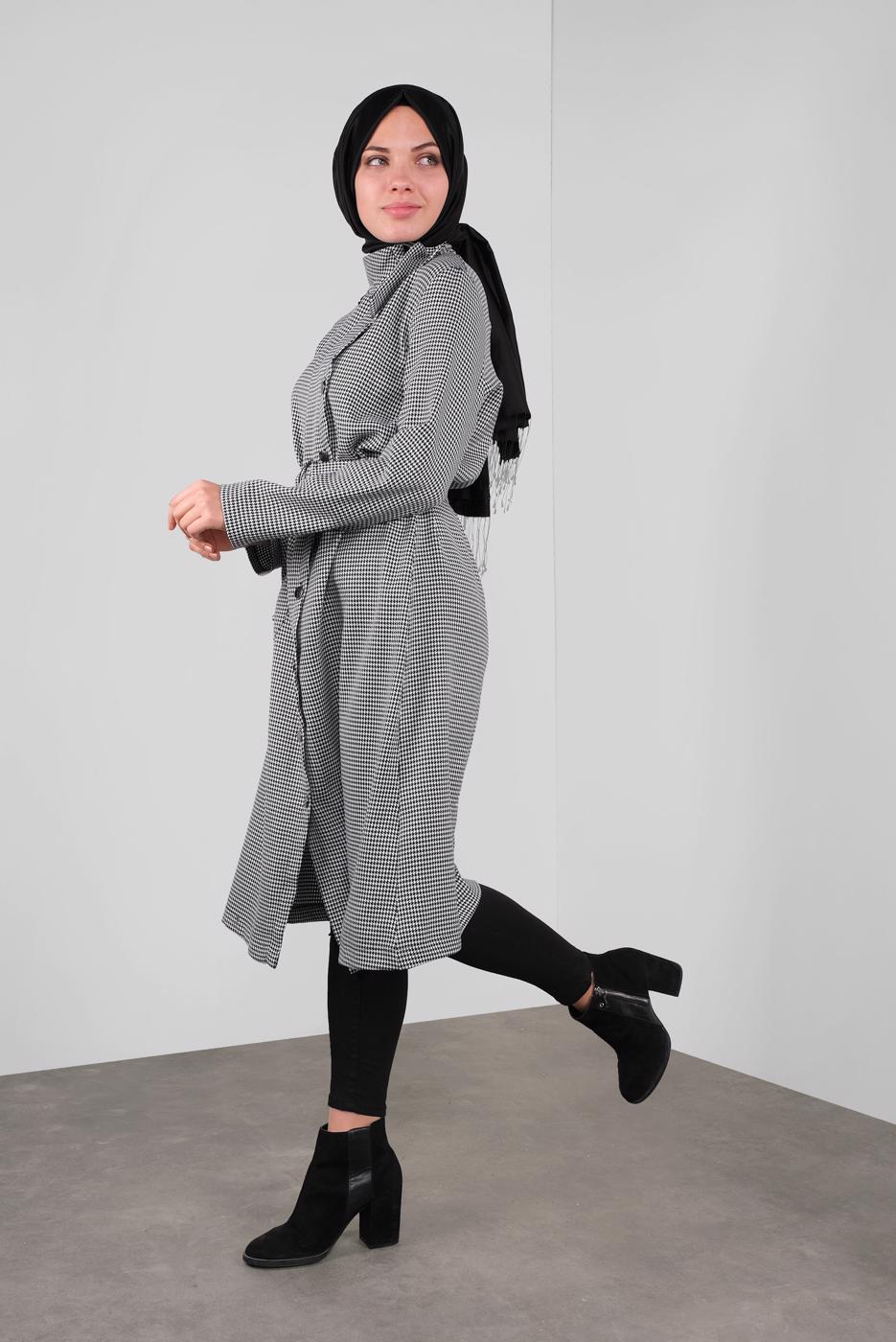 Hijab clothing BLACK BUTTONED HOUNDSTOOTH COTTON TRENCH-COAT 5755