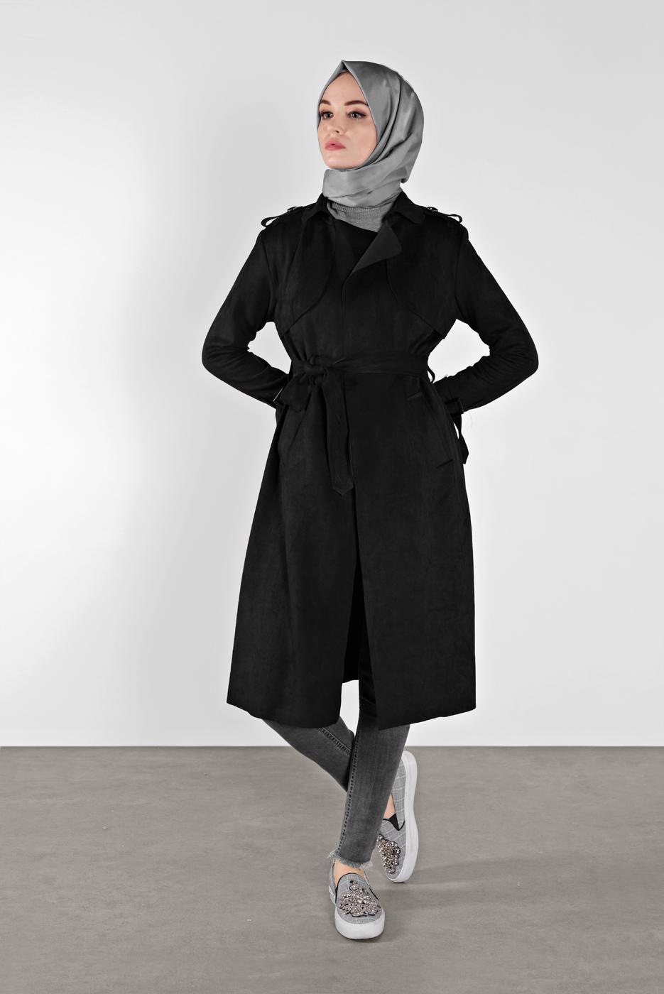 Tesettür giyim SİYAH BELİ KUŞAKLI SÜET TRENÇKOT 7107