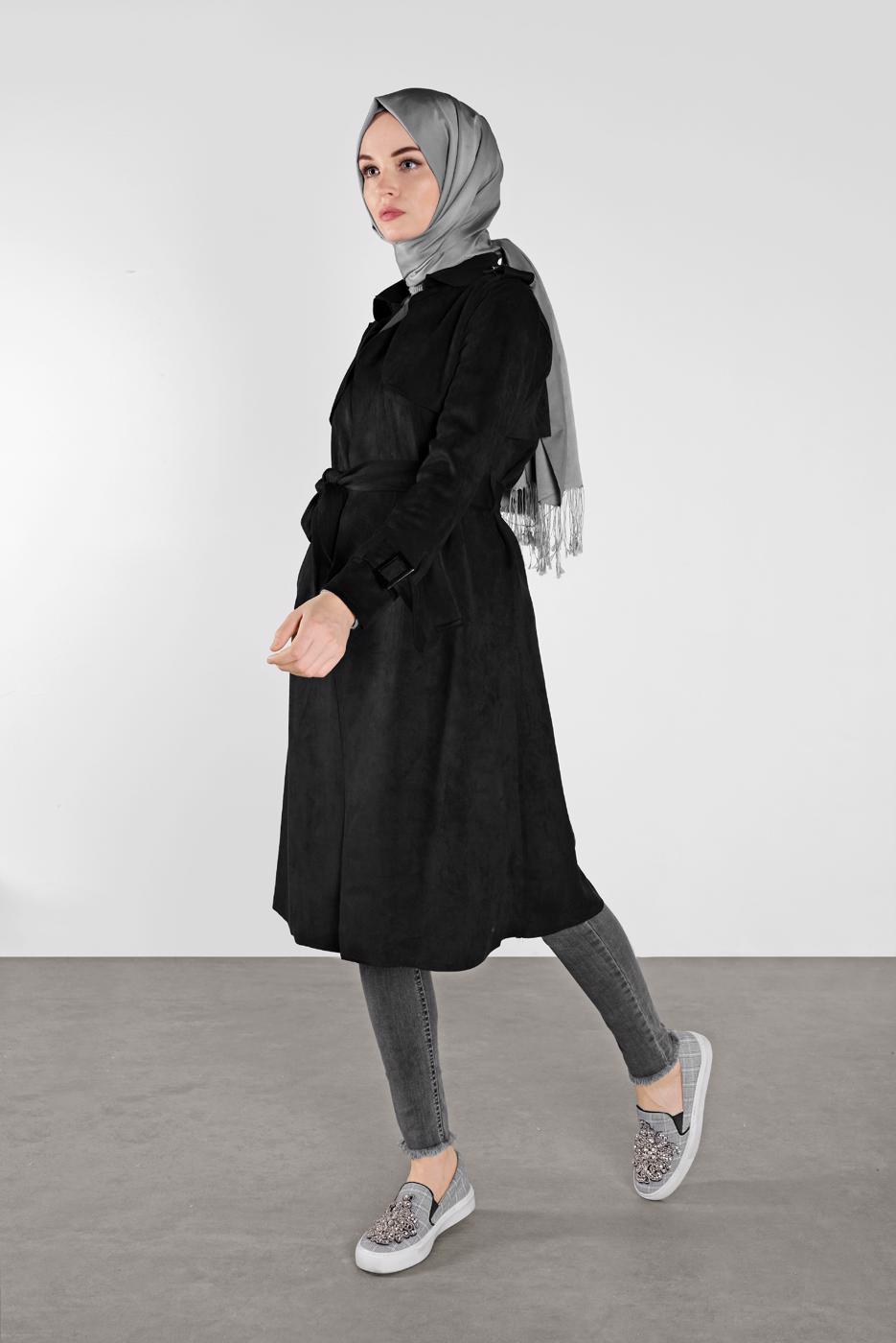 Tesettür giyim SİYAH BELİ KUŞAKLI SÜET TRENÇKOT 7107
