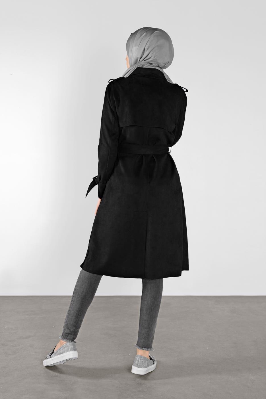 Tesettür giyim SİYAH BELİ KUŞAKLI SÜET TRENÇKOT 7107