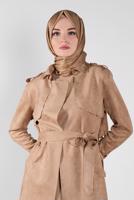 Tesettür giyim KAHVE BELİ KUŞAKLI SÜET TRENÇKOT 7107