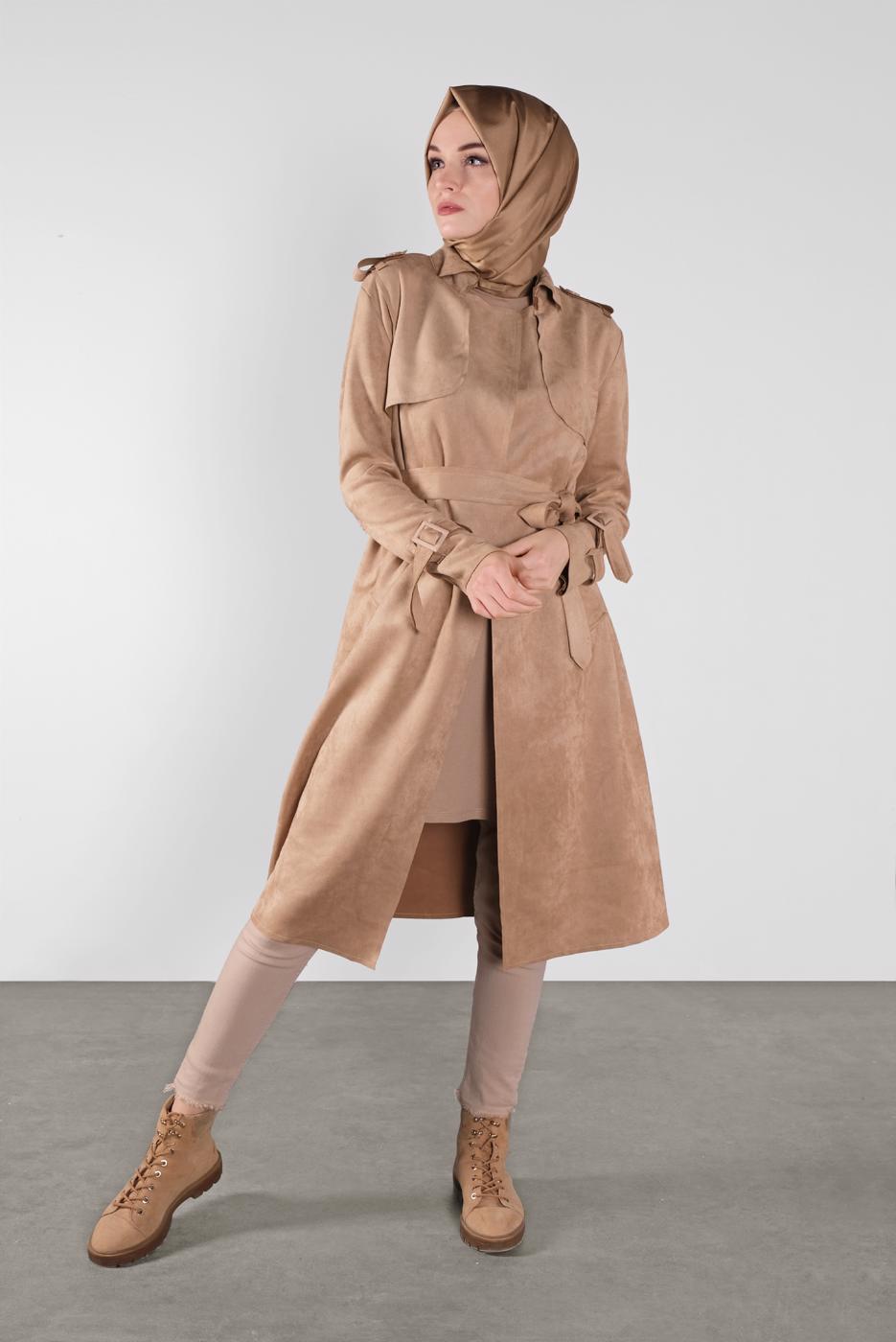 Tesettür giyim KAHVE BELİ KUŞAKLI SÜET TRENÇKOT 7107