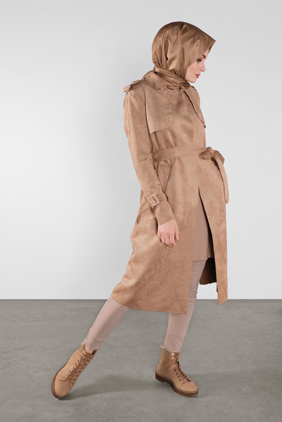Tesettür giyim KAHVE BELİ KUŞAKLI SÜET TRENÇKOT 7107