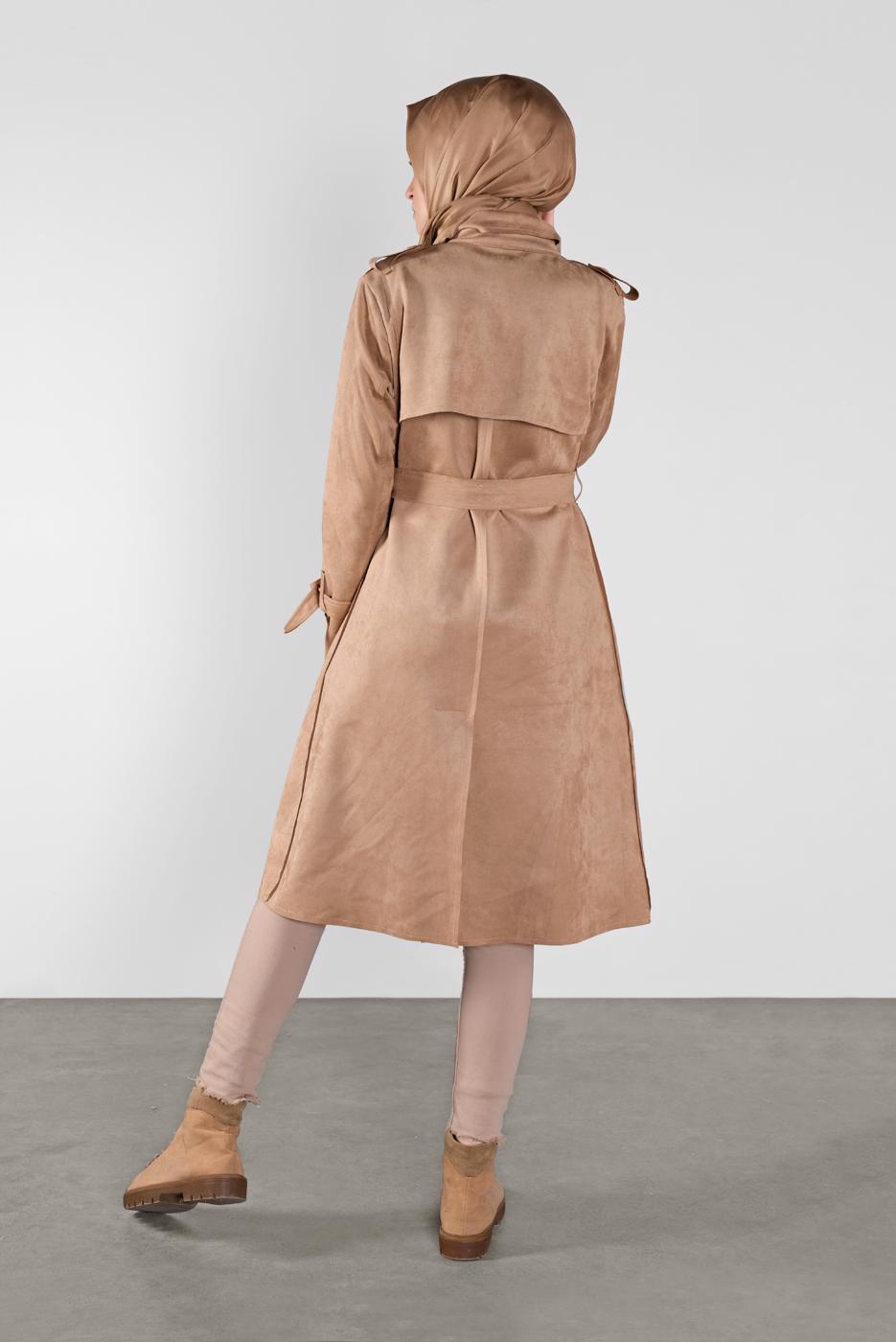 Tesettür giyim KAHVE BELİ KUŞAKLI SÜET TRENÇKOT 7107