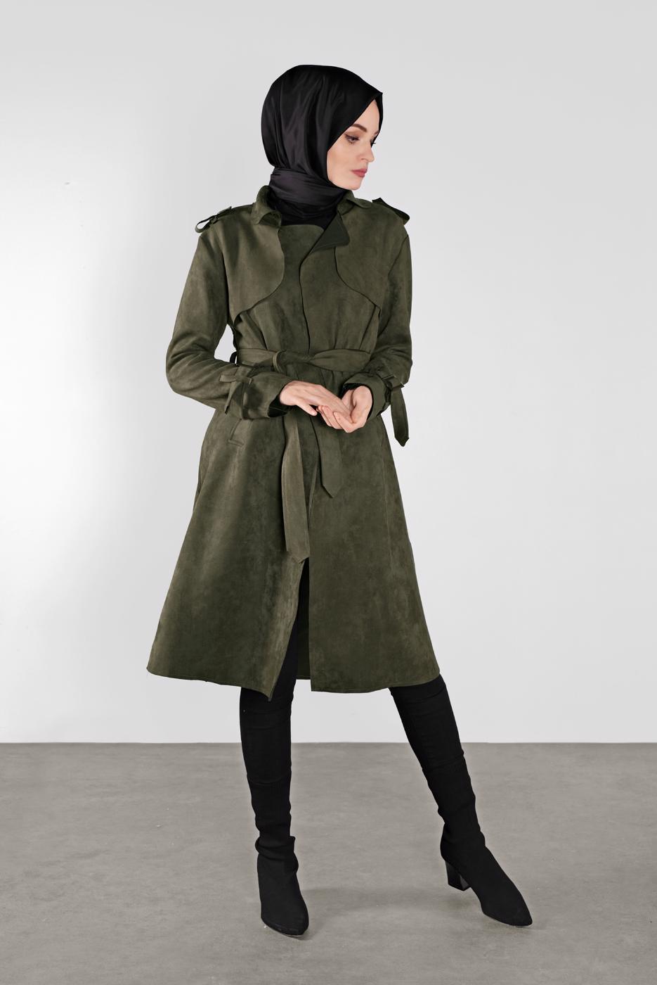 Hijab clothing KHAKI BELT DETAIL SUEDE TRENCH COAT 7107