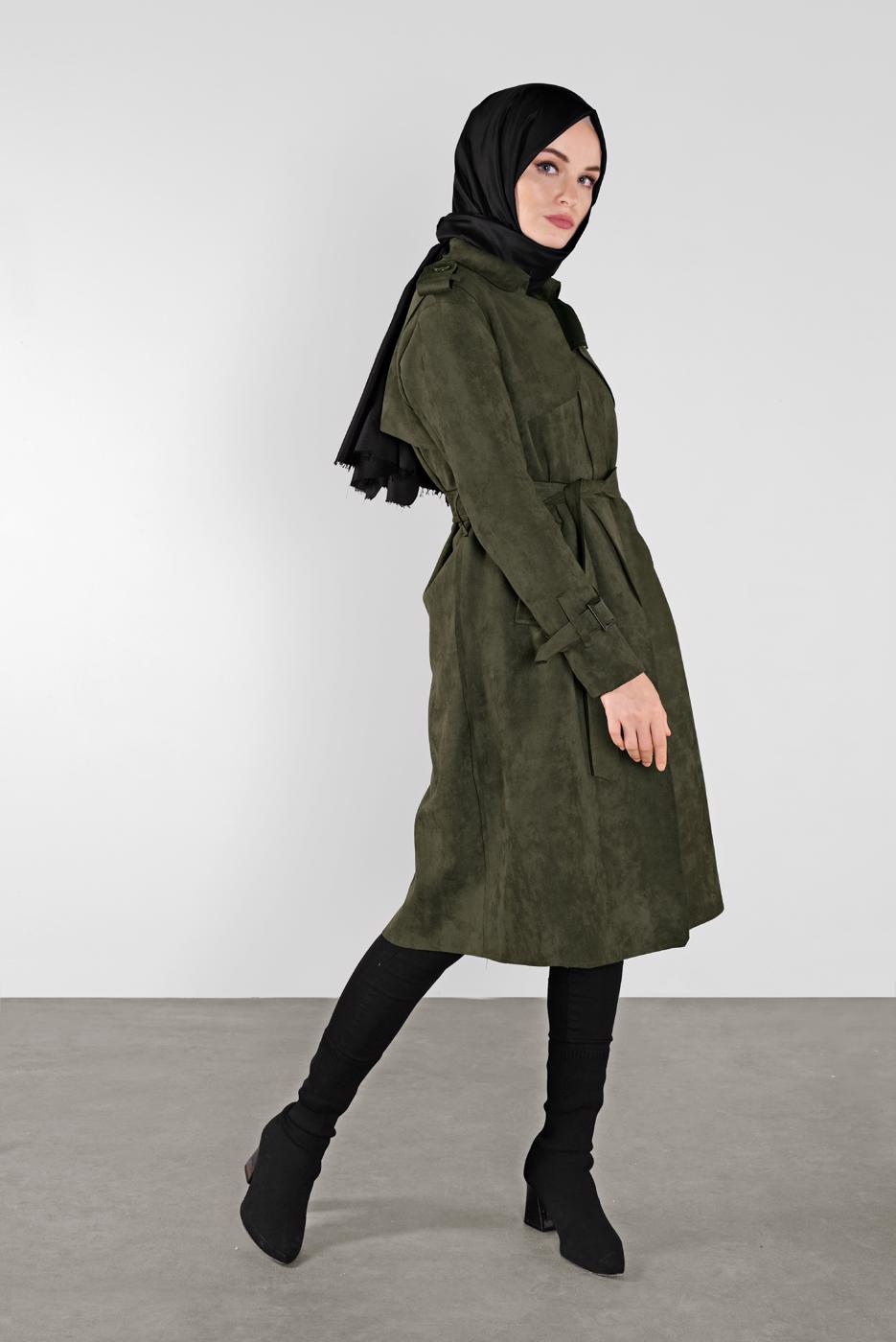 Hijab clothing KHAKI BELT DETAIL SUEDE TRENCH COAT 7107