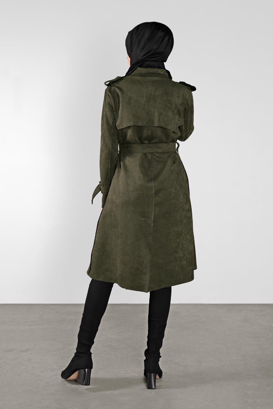 Hijab clothing KHAKI BELT DETAIL SUEDE TRENCH COAT 7107