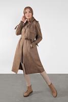 Tesettür giyim BEJ BELİ KUŞAKLI SÜET TRENÇKOT 7107