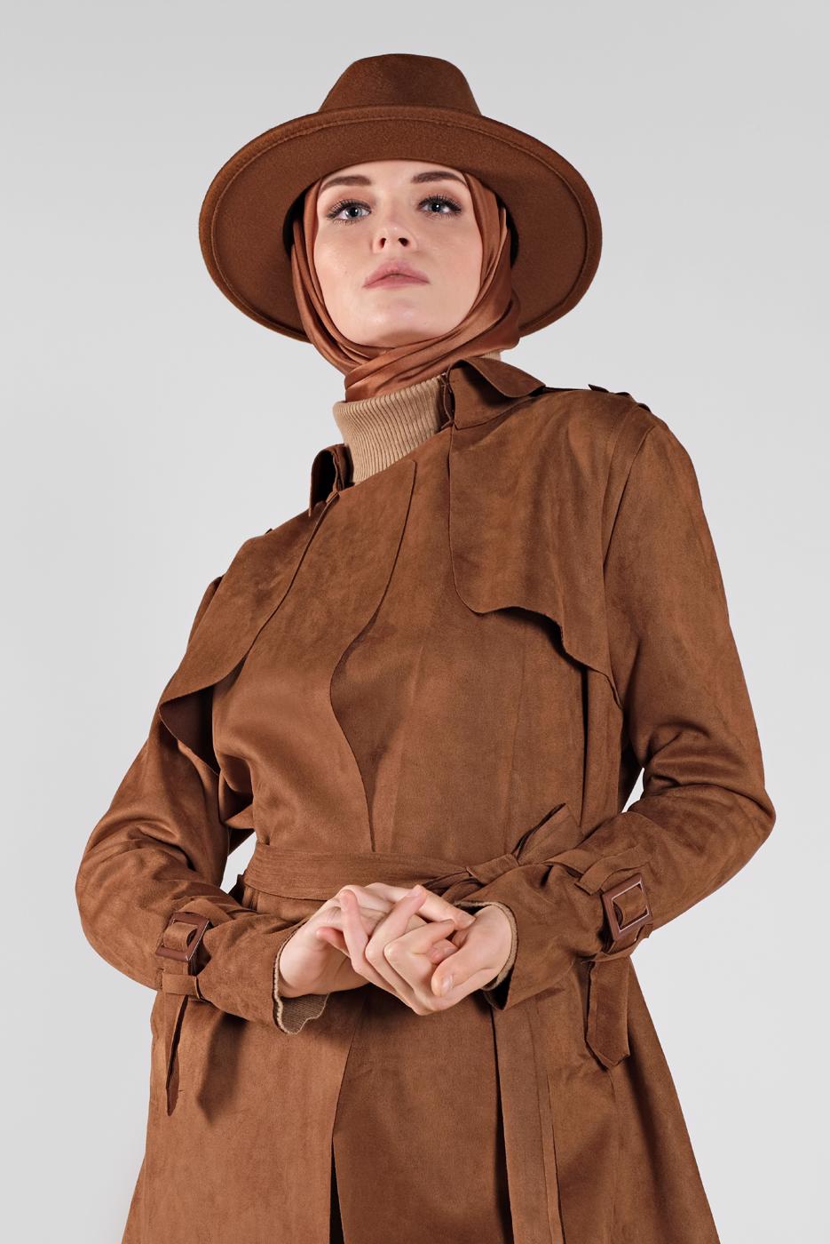 Tesettür giyim TABA BELİ KUŞAKLI SÜET TRENÇKOT 7107