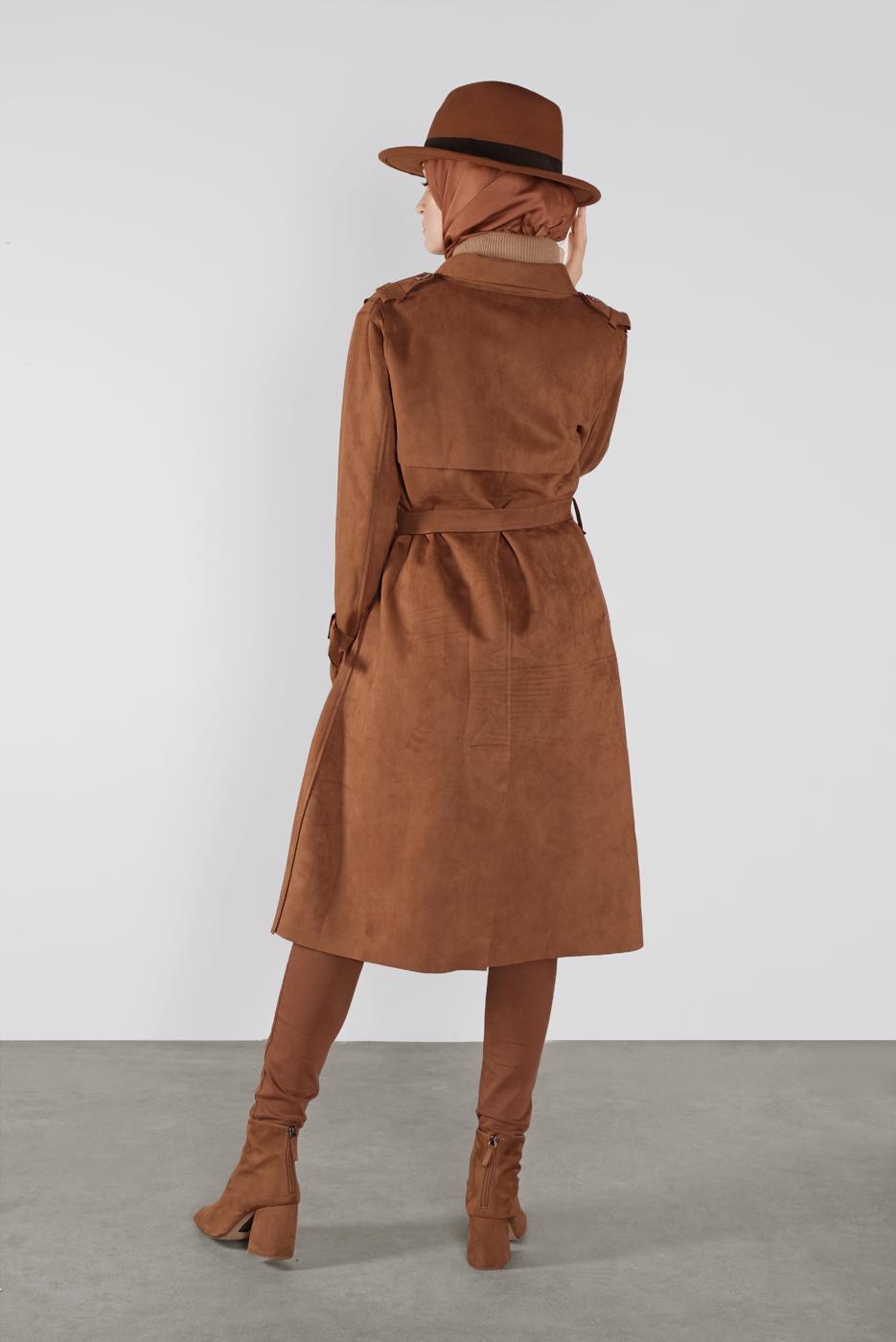 Tesettür giyim TABA BELİ KUŞAKLI SÜET TRENÇKOT 7107